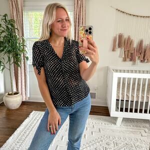 Theory Silk Dotted Short Sleeve Button Front Top Black P